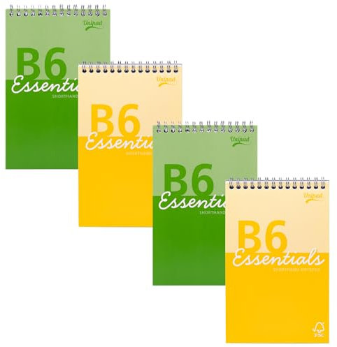 Pukka Pad Essentials B6 Kurzes Notizbuch, 4 Stück, Spiralbindung, sortiert, Grün und Gelb, 160 Seiten, 80 Blatt FSC, 60 g/m², liniertes Papier mit Seitenperforation