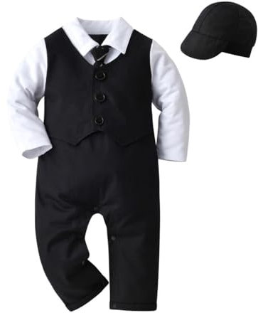 Lito Angels Esmoquin Mono Mameluco Trajes Formal con Sombrero Gorra para Bebe Niños Talla 6-12 Meses, Negro (Número de Etiqueta 80)