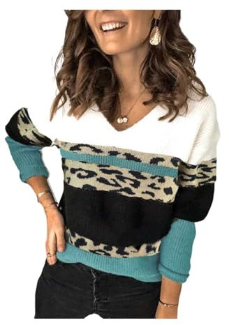 HEYPORK Damen Winter Warm Bequem Pullover Casual Mode Strickpullover Frauen Leopard Drucken Nähen Persönlichkeit V-Ausschnitt Stricken Bottoming Pullover(H*1 Grün, L)