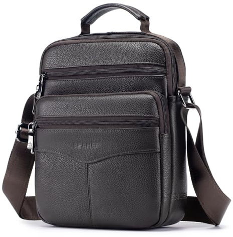 SPAHER Grand Sacoche Homme Bandouliere Cuir Sac porté Epaule En Cuir Ipad Homme Pochette Besaces Sac à dos Sac de Messager Porte-documents Sac Bandoulière Cartable Crossbody Sac à main Brun Café
