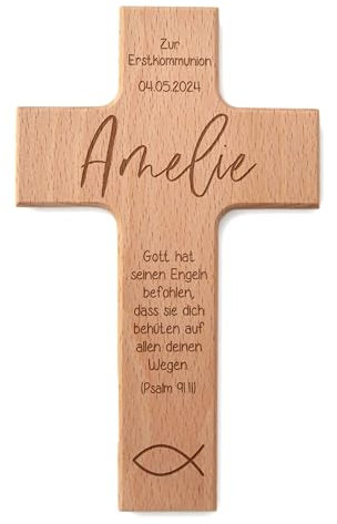 Feenstaub Erstkommunion Kreuz, personalisiertes Holzkreuz zur Kommunion, Konfirmation, Firmung, Kommunionkreuze mit Namen, graviertes Buchenholz, Kinderkreuz mit Spruch, Kommunionsgeschenke