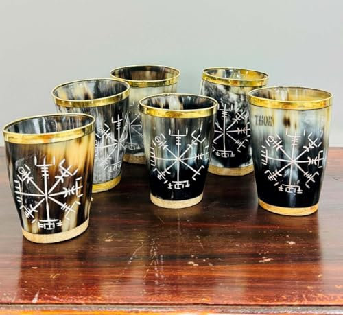 Royal Viking - Vaso de chupito de latón hecho a mano, diseño de cuerno vikingo original medieval (juego de 6)