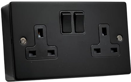 SH|P® COMPACT 3mm Thin Plate Ultra Matt Black Metal 13A 2 Gang Socket and 25mm Plastic Surface Mount Pattress Box (2 Gang Socket + Back Box)