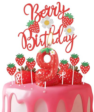 Erdbeere 9 Geburtstagskerzen, rote Erdbeere Nummer 9 Kerze für Kuchen, rote Beere Geburtstagskuchenaufsätze mit weißen Blumen, Erdbeer Themen für Mädchen und Jungen 9th Geburtstag Dekorationen