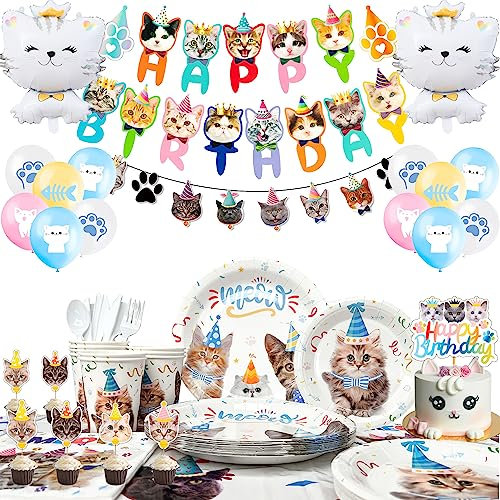 Suministros de Fiesta de Gato, 167 Pcs Set Vajilla y Decoracion Fiesta Cumpleaños Gatos, Globos Gatitos & Platos Fiesta Gatitos Tazas Mantel Pancarta etc Decoraciones para Fiestas Temáticas de Gatos