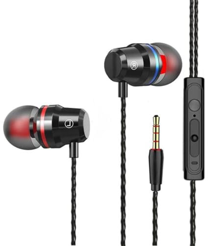 Earphones, In-Ear Headphones Earphones with 3.5mm Hi-Res Extra Bass, Noise Isolating, Wired Earbuds with Microphone and Volume Control, Compatible With all Smartphones Tablets Laptops. (Black)