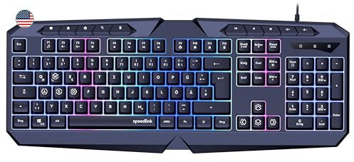 Speedlink LUDICIUM RGB Rainbow Gaming Keyboard - Clavier de Jeu RGB avec câble, Layout américaine QWERTY, Verrouillage des Touches Windows, commutateur WASD, 10 Touches multimédia, Filaire, Noir