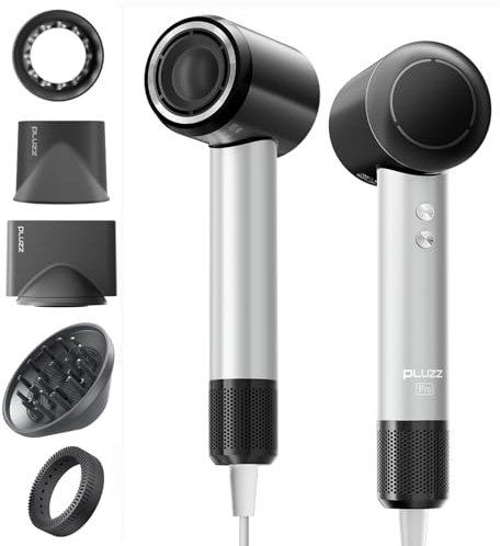 PLUZZ Profi Haartrockner mit 3m Kabel – 140.000 U/min Hochgeschwindigkeits-Brushless-Motor, 500M Ionen, leise & leicht, mit Diffusor & Styling-Aufsätzen – Für Salon & Zuhause, 1600W (schwarz+silber)