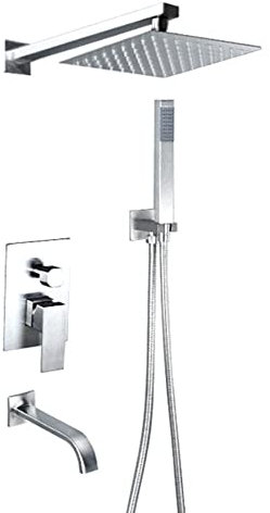 Set Doccia, Set Doccia 3 funzioni Miscelatore Rubinetto Set Doccia Acciaio Inox Quadrato Pioggia Set Doccia soffione e Tubo Flessibile-Spazzolato_8 in (Spazzolato 8 in)
