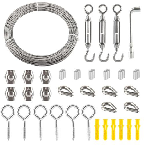 Cavo Acciaio Rivestito 2mm X 20M, 304 Inossidabile Fune in Filo Acciaio Inox Esterno con Tiranti Morsetti Tendifilo, Fune Metallica, per Tende, Arrampicata Delle Piante, Recinzioni da Giardino