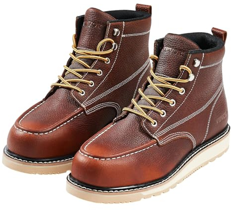 VEVOR Steel Toe Work Boots, UK Size 10, Waterproof Moc Toe Work Boots for Men, Slip-Resistant Work Boot, Lightweight and Breathable EVA Rubber Sole Mens Boots for Industry Construction, Brown