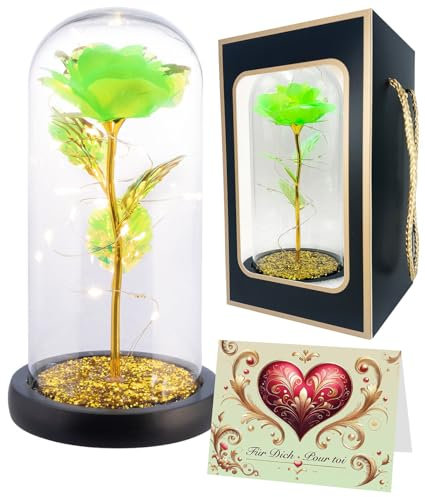 Rose éternelle sous cloche avec LED - coloris vert [Lunartec]