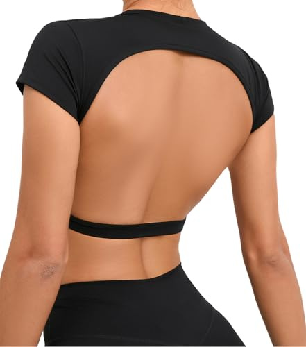 SEAUR Haut de Sport à Manches Courtes pour Femme T-Shirt de Sport pour Femme Dos Nu Fitness Crop Top de Sport Femme S