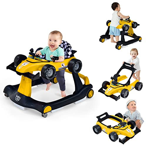 GOPLUS 4 in 1 Baby Lauflernhilfe, Lauflernwagen höhenverstellbar mit Licht & Musik, Baby Walker Autoförmig mit Einstellbarer Geschwindigkeit, Gehfrei für Kinder ab 6 Monaten (Gelb)