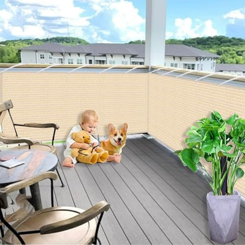 Balkon Sichtschutz Ohne Bohren 2.7 x 10 m, Windfest, Wetterbeständiges Und Pflegeleichtes, Schnelltrocknend, Sichtschutz Zaun Zaunblende, mit Ösen Kordel für Balkon, Beige