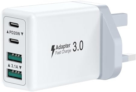 USB C Plug Fast Charge, 40W 4-Port Multi USBC Plug UK Dual PD Power Adapter +QC Multiport Wall Charger Head Mains Type C Fast Charging Plug for iPhone 16 15 14 13 12 11 Pro Max Plus, Samsung, iPad