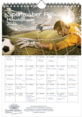 Sportzauber Fußball Planer DIN A4 Kalender für 2026 Freizeit Sport Fitness- Seelenzauber