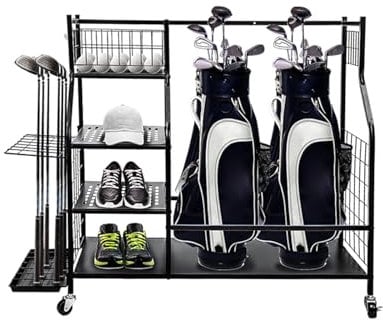 JF HOME BLISS Heavy Duty Golf Storage Rack with Wheels Extra Large Golf Club Organizer for 2 Bags Includes Lockable Casters Shelves & Mesh Basket Golf Bag Stand for Garage Basement & Clubhouse