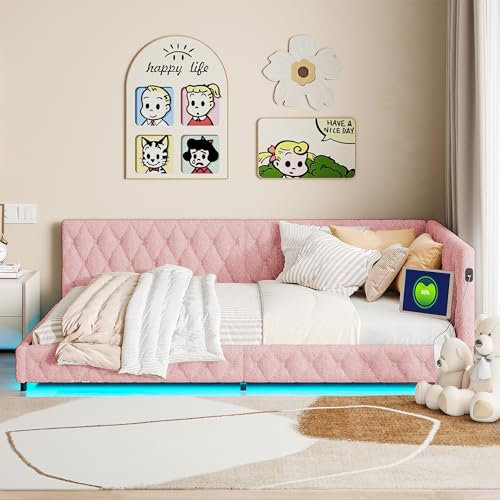 Mutuolux Polsterbett 140x200 mit LED Beleuchtung & USB-Anschluss, Jugendbett in Rosa Teddy-Stoff, Bettgestell mit Kopf- & Seitenteil, Modernes Design für Mädchenzimmer (Rose)