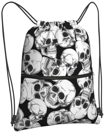 Rucksack mit Kordelzug, verstellbarer Outdoor-Sportrucksack, langlebig, wasserdicht, Turnbeutel, leichter Reißverschluss, Strandtasche für Damen und Herren, Schwarz-weißer Totenkopf, One size