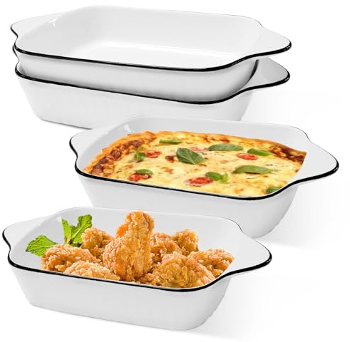 Lot de 4 plats à gratin rectangulaires en céramique, plats à lasagnes, plats à lasagnes, plats à lasagnes, plats à rôtir, résistants à la chaleur (rayures verticales blanches)
