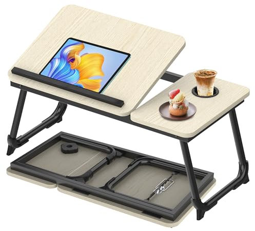 Soontrans Plateau de Lit 63 x 27 x 33 CM, Table de lit avec Porte Gobelet, Réglable en Angle, Pliable, Support Ordinateur Portable Lit en MDF pour Canapé, Sol, Plateau Inclinable(Érable Blanc)