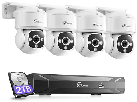 Loocam 4K Kit Caméra Surveillance PoE, NVR 8 Canaux Disque Dur 2 to | 4 Caméras IP PoE Filaires 8MP 360°Pan/Tilt, Audio Bidirectionnel, Vision Nocturne 30m, Caméra de Sécurité Extérieur Intérieur