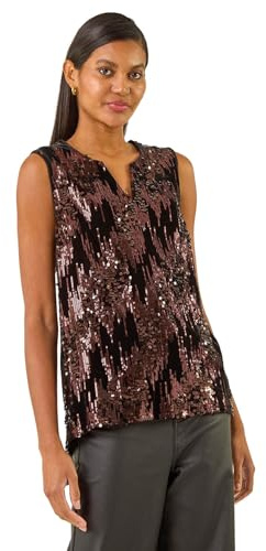Roman Originals Velvet Glitter V-Neck Stretch Top for Women UK - Ladies Everyday Autumn Winter V-Neckline Comfy Soft Evening Vacation Work Party Night Out - Chocolate - Size 12