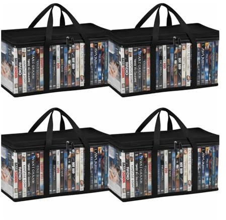 Vixzoid DVD Aufbewahrungstaschen 4er Set, Große Kapazität für 160 DVDs/CDs, Transparente PVC Media Organizer mit Reißverschluss & Verstärkten Griffen