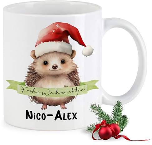 GRAZDesign Weihnachtstasse Frohe Weihnachten Igel mit Namen personalisiert Keramik 330ml