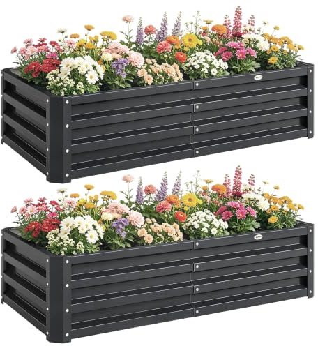 Outsunny Lot de 2 Carrés Potagers de Jardin 120 x 60 x 30,5 cm Gris | Acier Galvanisé, pour Plantes, Légumes, Fleurs