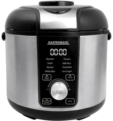 GASTROBACK Cuocere riso a basso contenuto di carboidrati 3 litri con vaporizzatore 500 Watt – 8 programmi con riso basmati sushi risotto – pentola interna antiaderente, spegnimento automatico