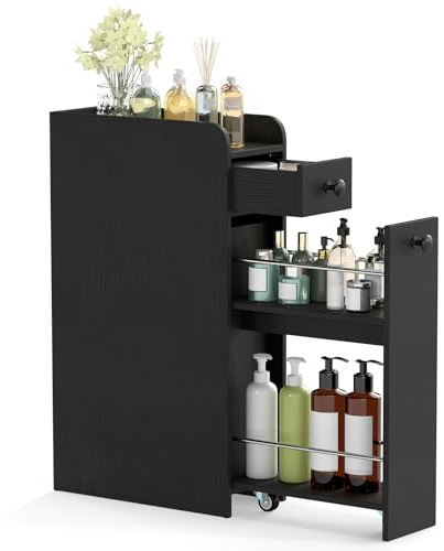 FANTASK Schmaler Nischenschrank mit Rollen, Badezimmerschrank mit 2 Schubladen & offener Ablage, Rollwagen für Badezimmer, Küche & Wäscherei, 18 × 40 × 70 cm (Schwarz)