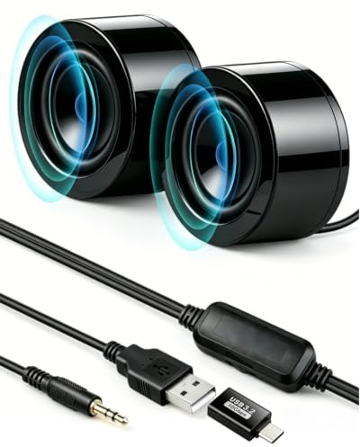 GELRHONR Mini PC Speaker,Small Computer Speaker, 3.5mm Mini PC Speakers for Desktop,3.5mm TRS Stereo Input,Adhesive Backed,USB Powered with Volume Control for Laptop,Raspberry Pi,Desktop,1.2M/3.9FT