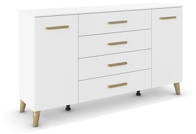 Rauch Möbel ADITIO, Kommode, Farbe Weiß, Breite 160 cm | Sideboard im Skandi-Design, 2-türig, 4 Schubladen, Soft-Close, Massivholz Griffe und Füße, für Schlafzimmer, Wohnzimmer, Flur