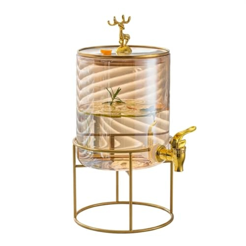 2.6L Glass Drink Dispenser with Metal Stand Amber with Gilded Deer Head Li | Deer Topped Lid, High Borosilicate Water Juice Beverage Jug with Tap for Parties Home Bar Outdoor Gathering