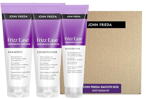 John Frieda Frizz Ease Unendlich Smooth Vorteilsset - Inhalt: Shampoo, 250ml, Conditioner, 250ml, Booster-Kur, 150ml - Für frizzy Haar