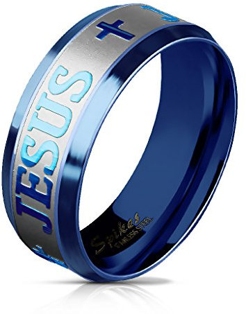 Paula & Fritz® gebürsteter Edelstahl Damen-Ring Verlobungs-Ring Freundschaftsring Herrenring Partnerring Jesus Kreuz Gravur blau R-M5870B 47 (15)