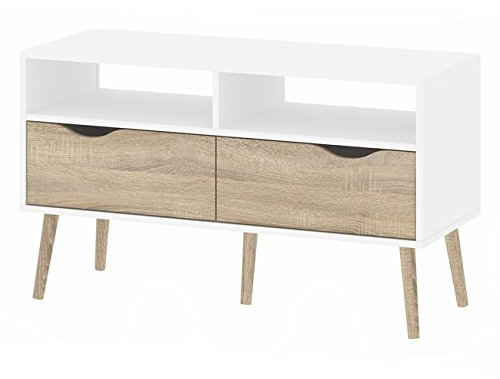 OSLO Small TV Stand with 2 Drawers Modern Retro Style Vinatge white/sonoma oak