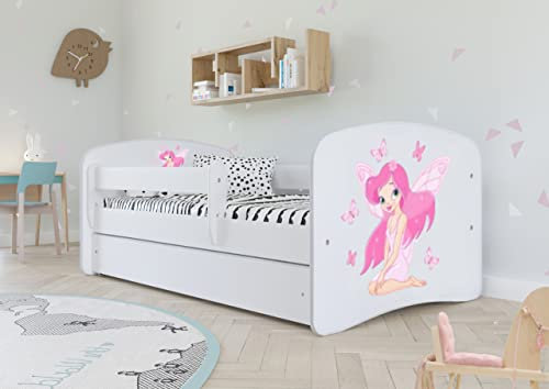Bjird Kinderbett Jugendbett 70x140 80x160 80x180 Weiß mit Rausfallschutz Schublade und Lattenrost Kinderbetten für Mädchen und Junge - Fee mit Schmetterlingen 180 cm