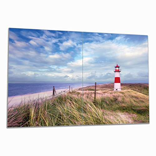 Wallario Herdabdeckplatte/Spritzschutz aus Glas, 2-teilig, 80x52cm mit 8 mm hohen Füßen, für Ceran- und Induktionsherde, Leuchtturm am Strand von Sylt