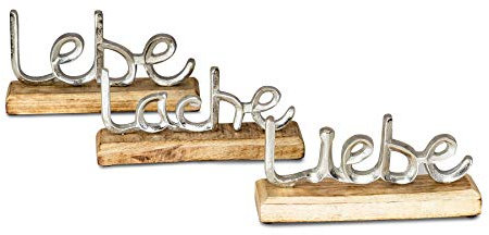 3er Set Schriftzug Lache Liebe Lebe L23cm Metall Silber Mango Holz Deko Aufsteller Tischdeko Wohndekoration
