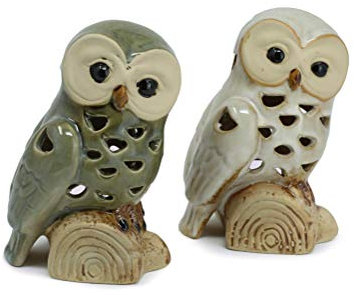 Benera Windlicht Eule im 2er Set aus Porzellan ca 15 cm Hoch sitzend auf Baumstamm
