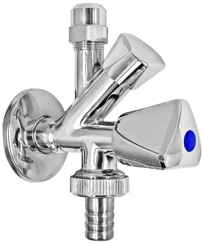 MegaHaustechnik Kombi-Eckventil Wandanschluß selbstdichtend 1/2 Zoll AG, Rückflußverhinderer, Quetschanschluß für 10mm Rohr-AußenØ, 3/4“ AG für Flex- Panzerschlauch, Tülle AußenØ 14mm 1/2“ Schlauch