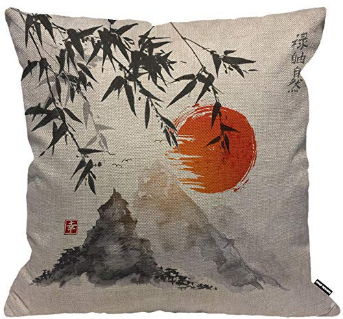 HGOD DESIGNS Kissenbezug, Motiv: japanische Bäume, Sonne und Berge, dekorativer Kissenbezug für Herren/Frauen, Wohnzimmer, Schlafzimmer, Sofa, Stuhl, 45 x 45 cm