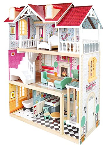 Bino großes Puppenhaus aus Holz für Kinder ab 3 Jahre (Kinderzimmer Zubehör, Spielzeug Haus inklusive Puppenhaus Zubehör, 5 Zimmer, 3 Spielebenen, 111 Teile), Mehrfarbig