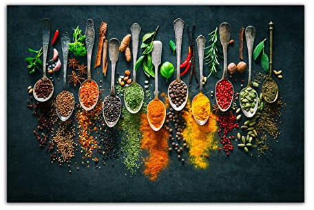 HOPNRU Kräuter und Gewürze Chili Löffel Leinwand Malerei Lebensmittel Poster Wandkunst Bild für Küche Dekoration Malerei Wandbild (24x36inch(60x90cm),Nicht gerahmt)