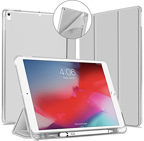 VAGHVEO Custodia per iPad Air 3 2019, iPad PRO 10,5 2017 Cover con Built-in Pencil Holder [Auto Sonno/Sveglia], Pelle PU Flessibile Protettiva Morbida TPU Traslucida Posteriore Smart Case, Grigio