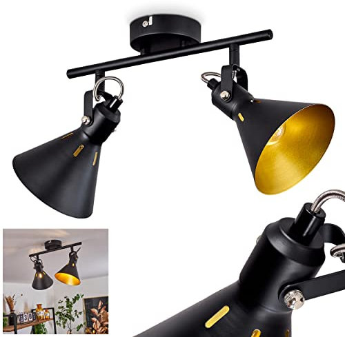 Deckenleuchte Upiano, moderne Deckenlampe aus Metall in Schwarz/Goldfarben m. verstellbaren Strahlern, Leuchte im Retro/Vintage-Design mit Lichteffekt, 2-flammig, 2 x E14, ohne Leuchtmittel