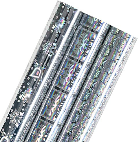 Holijolly Weihnachtsholografisches Geschenkpapier – Schneeflockenblöcke/Rentier und Glocke/Schneeflockendruck für Geschenkverpackung – 43 x 305 cm x 3 Rollen